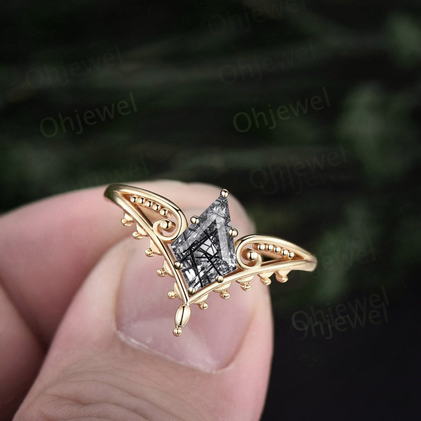 Vintage style kite cut black rutilated quartz ring unique split shank Solitaire engagement ring 14k rose gold women promise wedding ring