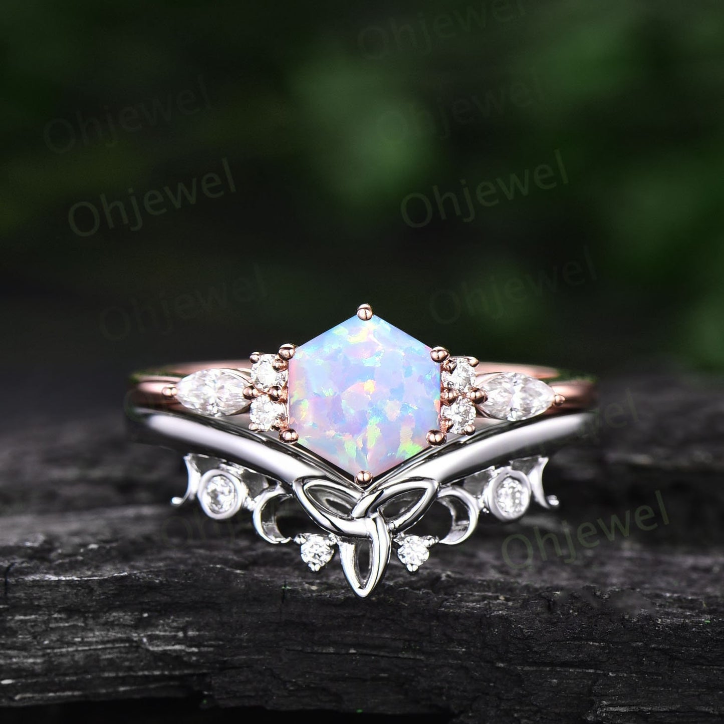 Hexagon white opal ring set gold silver dainty unique opal engagement ring set 6 prong moissanite ring for women October birthstone ring