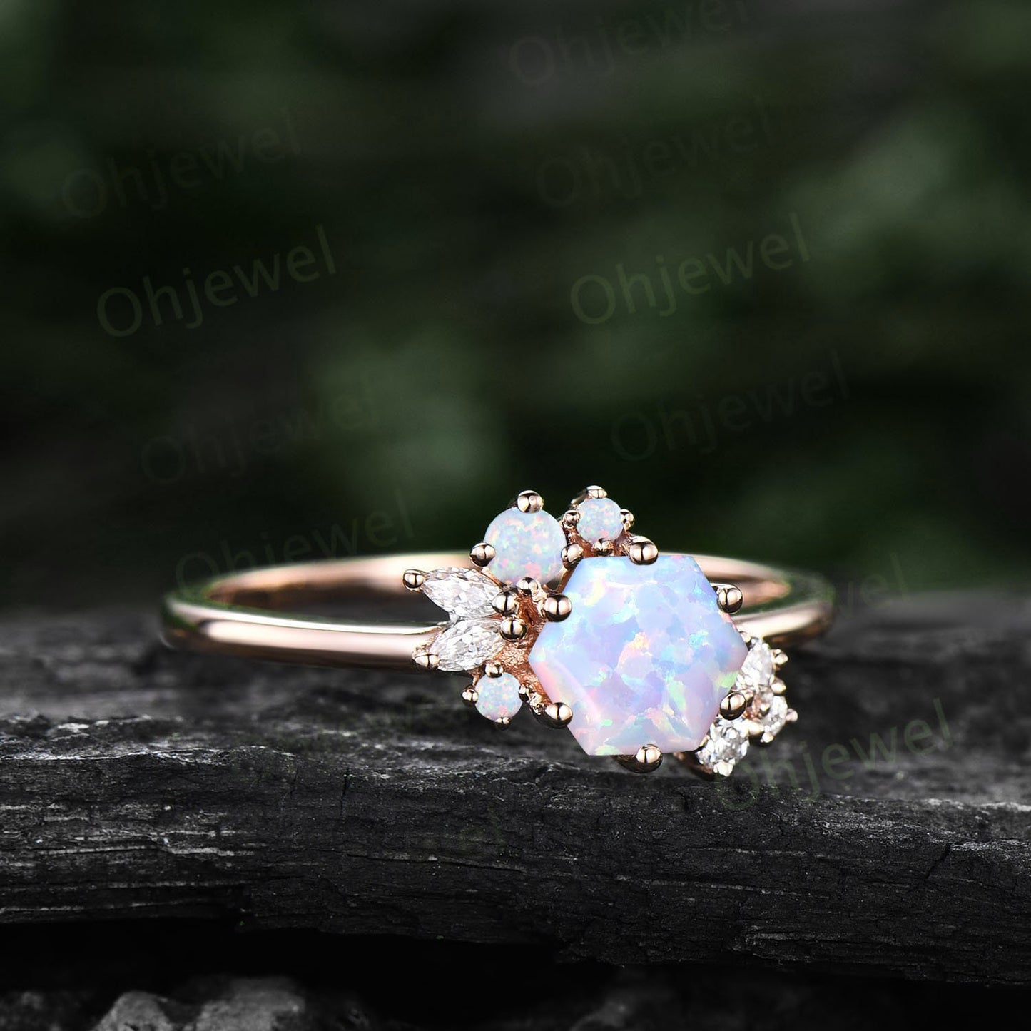 Hexagon cut white opal ring rose gold silver vintage unique opal engagement ring cluster art deco diamond promise wedding ring for women