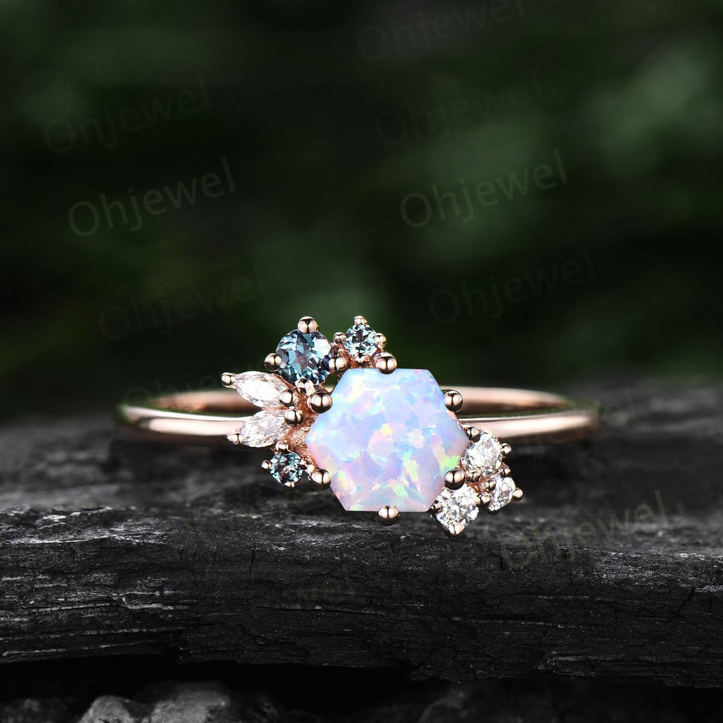Vintage Hexagon cut white opal engagement ring 14k yellow gold cluster alexandrite marquise cut diamond ring unique anniversary ring gifts