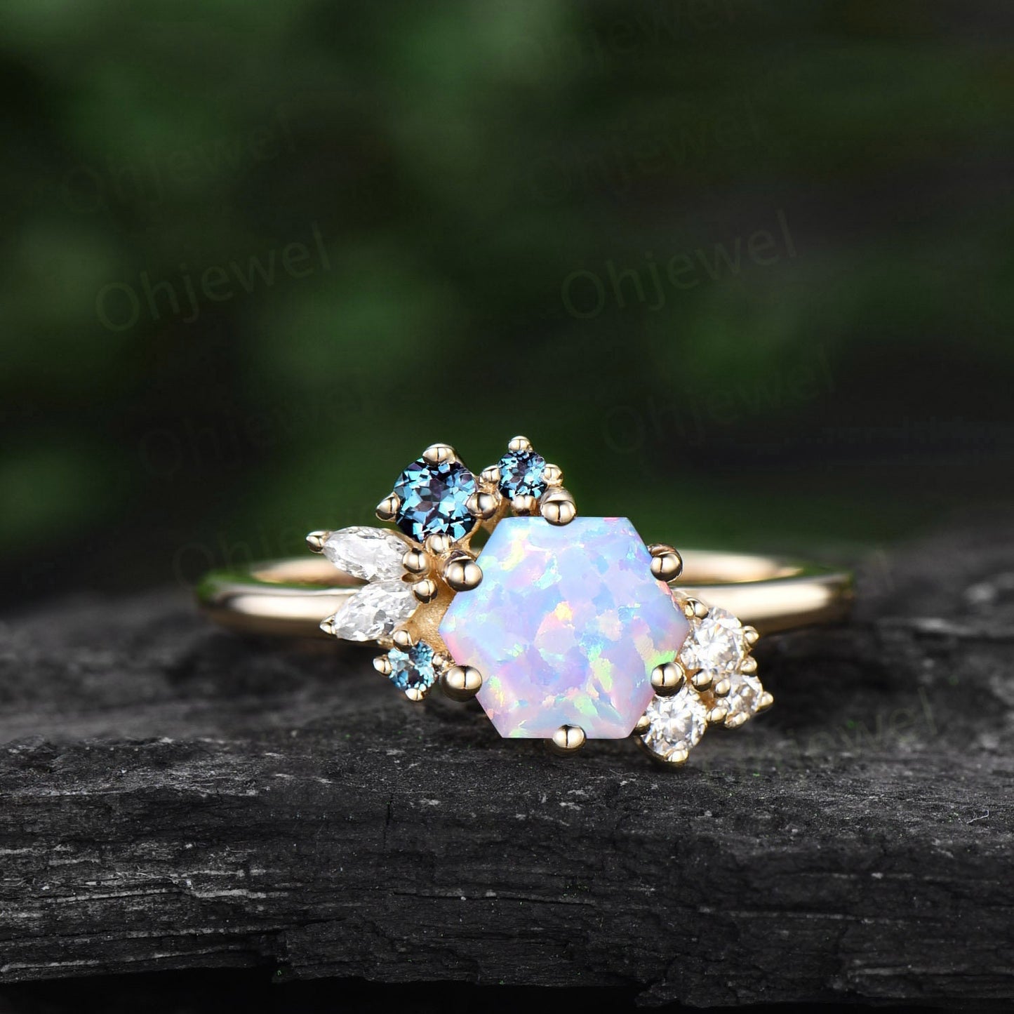 Vintage Hexagon cut white opal engagement ring 14k yellow gold cluster alexandrite marquise cut diamond ring unique anniversary ring gifts