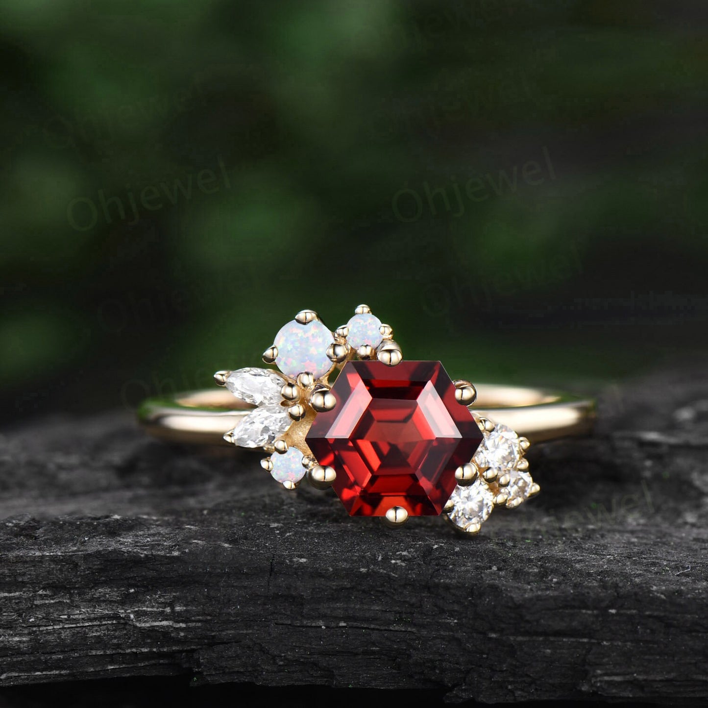 Vintage Hexagon cut red garnet ring engagement ring art deco cluster opal ring rose gold silver 6 prong set marquise diamond ring for women