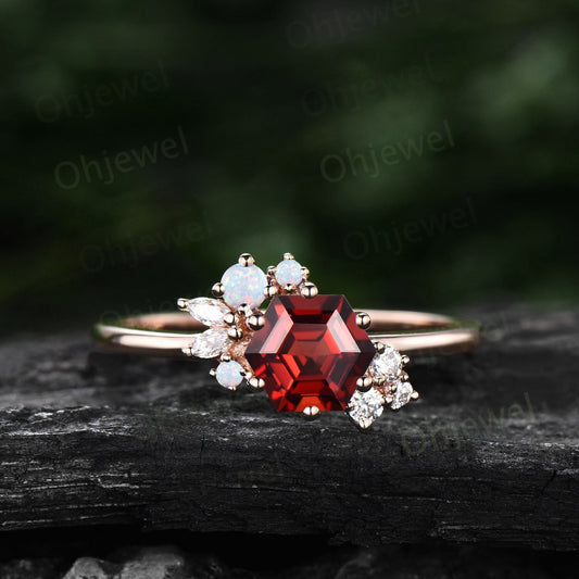 Vintage Hexagon cut red garnet ring engagement ring art deco cluster opal ring rose gold silver 6 prong set marquise diamond ring for women