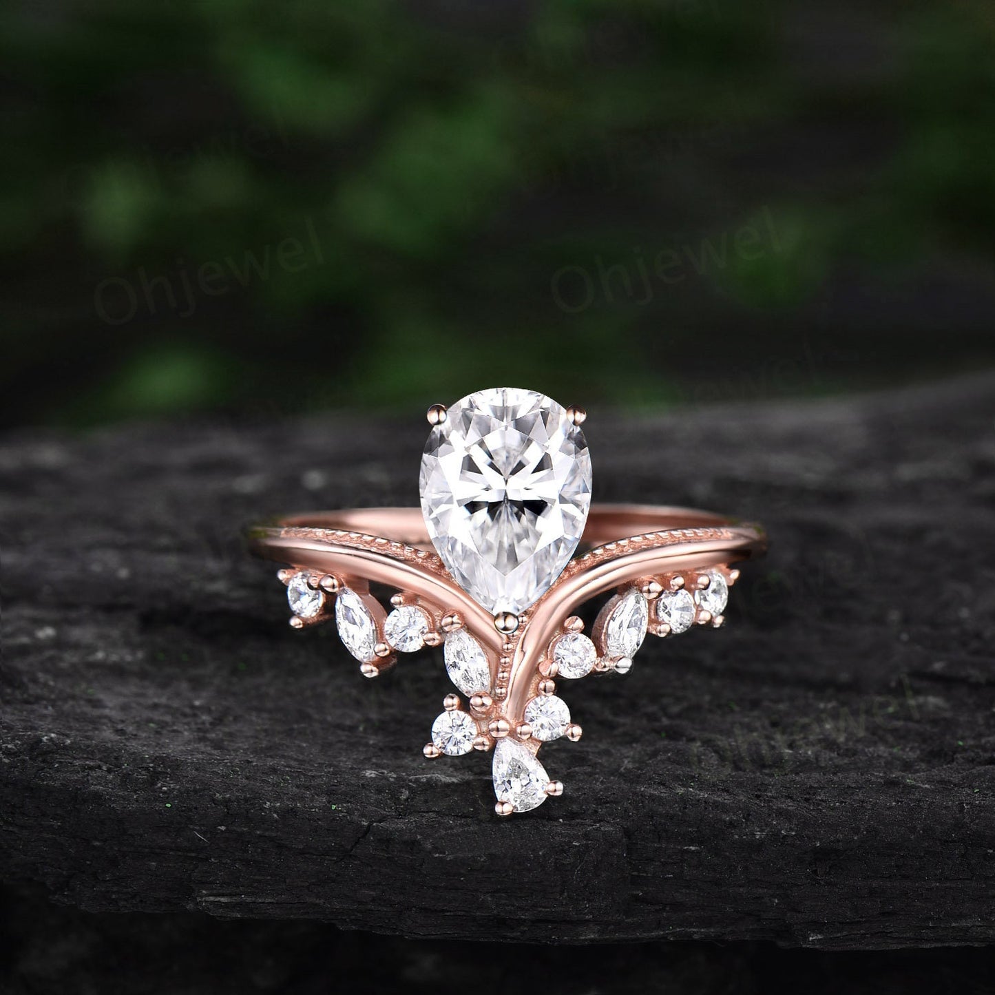 Vintage style pear shaped moissanite engagement ring solid 14k rose gold cluster marquise cut diamond ring women unique wedding promise ring
