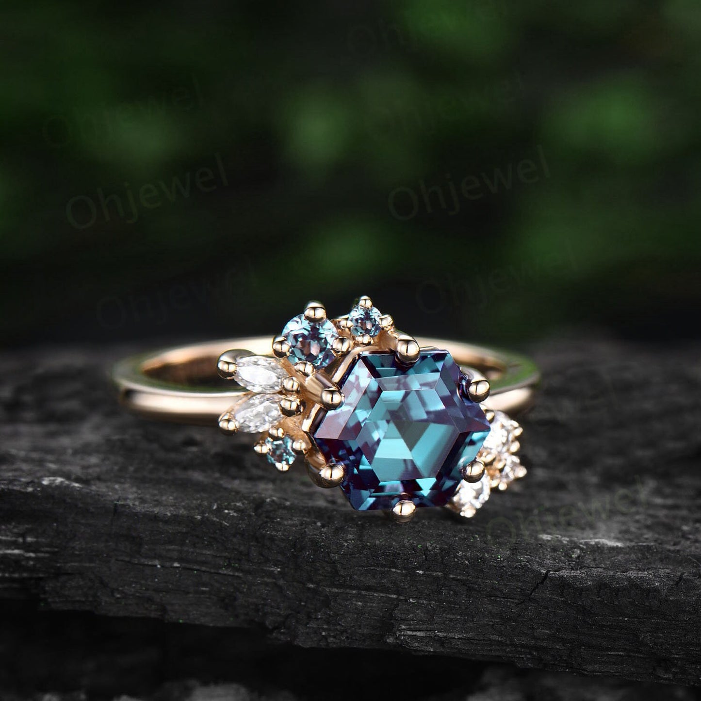 Vintage 2ct Hexagon cut Alexandrite engagement ring 14k rose gold art deco unique cluster engagement ring marquise cut diamond ring women
