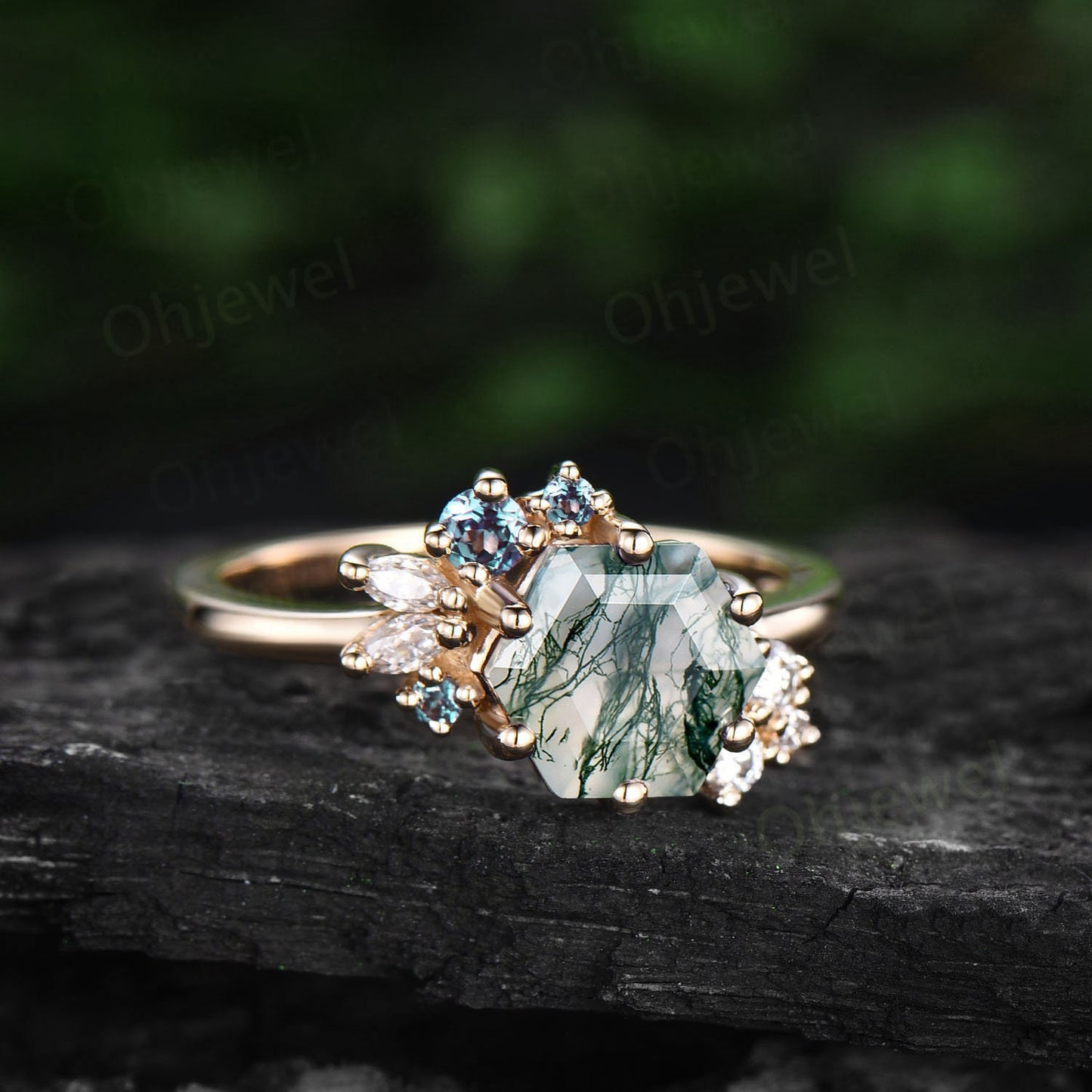 Vintage 7mm Hexagon cut green moss agate engagement ring rose gold marquise unique cluster engagement ring alexandrite diamond ring women