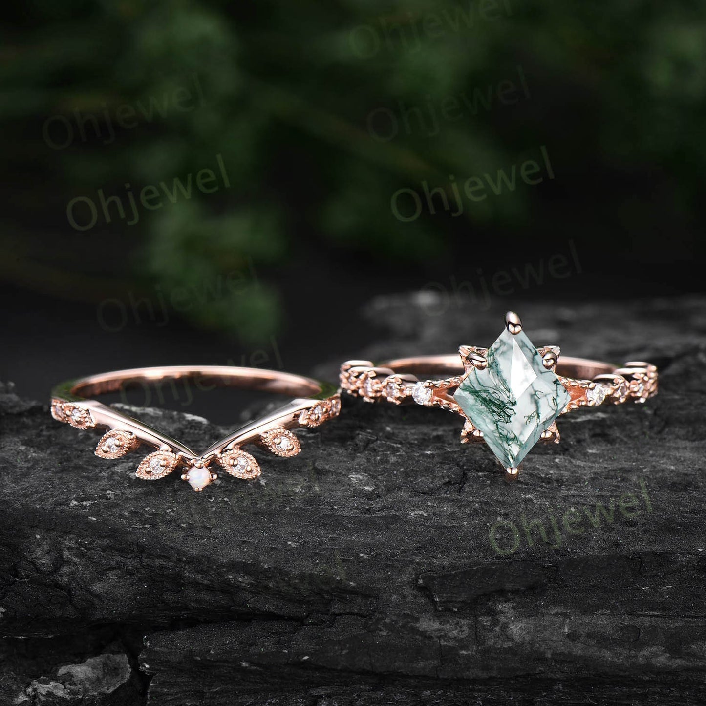 Kite cut green moss agate ring rose gold unique engagement ring set women leafopal ring silver moissanite bridal wedding promise ring set