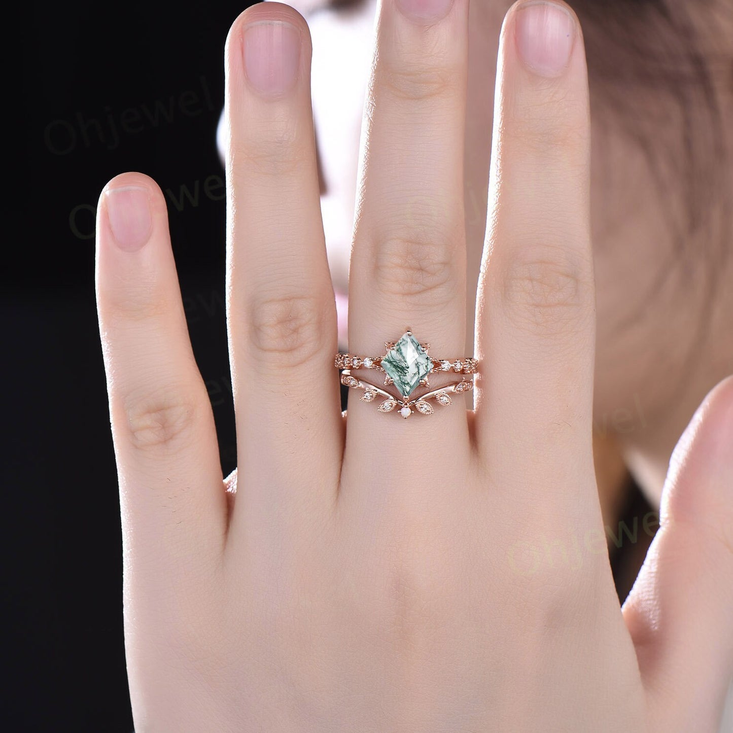 Kite cut green moss agate ring rose gold unique engagement ring set women leafopal ring silver moissanite bridal wedding promise ring set