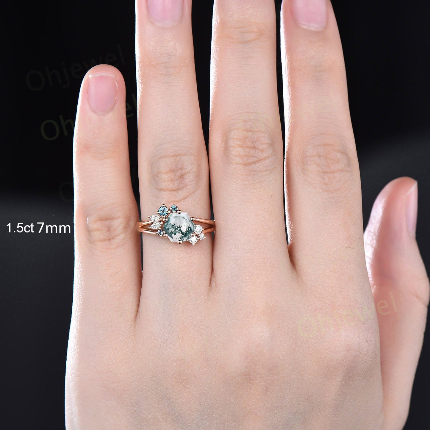 Hexagon cut moss agate engagement ring 14k rose gold silver cluster alexandrite ring 6 prong split shank diamond promise wedding ring women