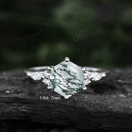 7mm Hexagon cut green moss agate engagement ring white gold 6 prong marquise unique engagement ring for women vintage diamond wedding ring