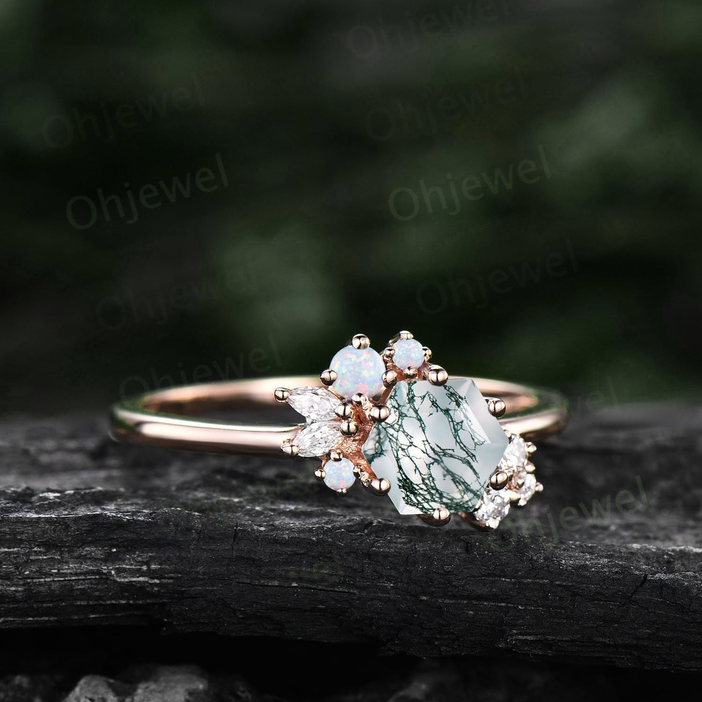 Hexagon cut green moss agate ring gold silver vintage unique engagement ring cluster opal ring art deco diamond promise wedding ring women
