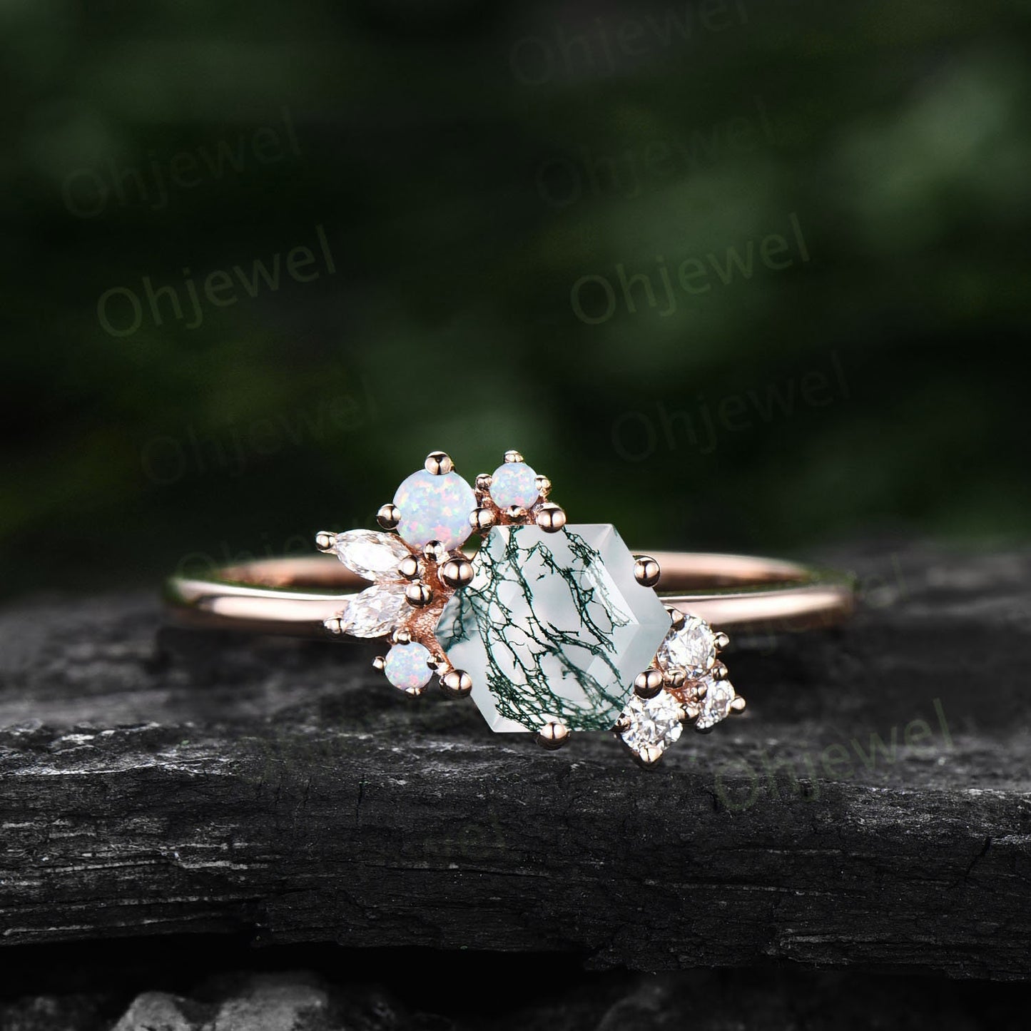 Hexagon cut green moss agate ring gold silver vintage unique engagement ring cluster opal ring art deco diamond promise wedding ring women