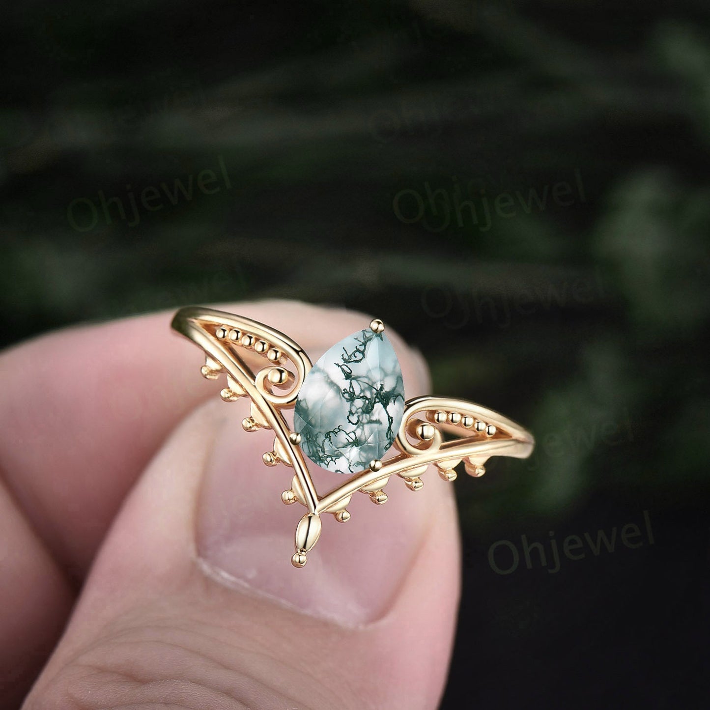 Vintage style pear shaped green moss agate ring unique split shank Solitaire engagement ring for women 14k yellow gold art deco promise ring