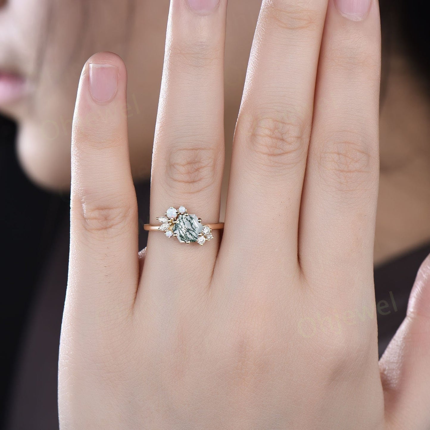 Hexagon cut green moss agate ring gold silver vintage unique engagement ring cluster opal ring art deco diamond promise wedding ring women