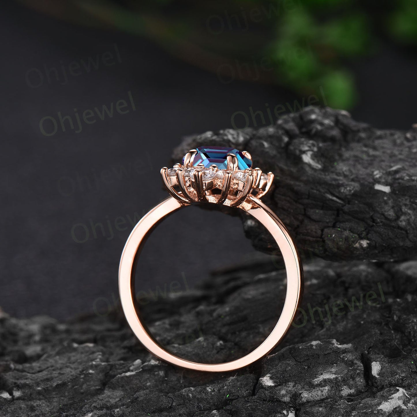 7mm Hexagon cut alexandrite ring rose gold vintage unique engagement ring for women unique diamond ring cluster moissanite promise ring her