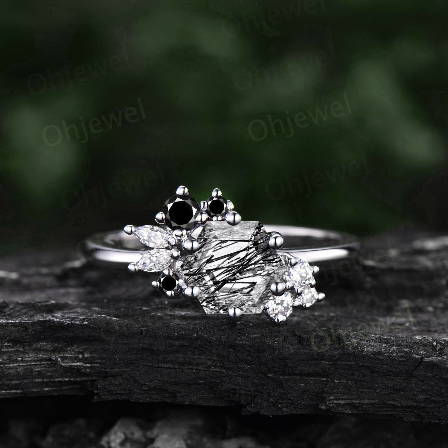 Hexagon cut black rutilated quartz ring vintage unique engagement ring rose gold marquise cluster black diamond dainty wedding ring women