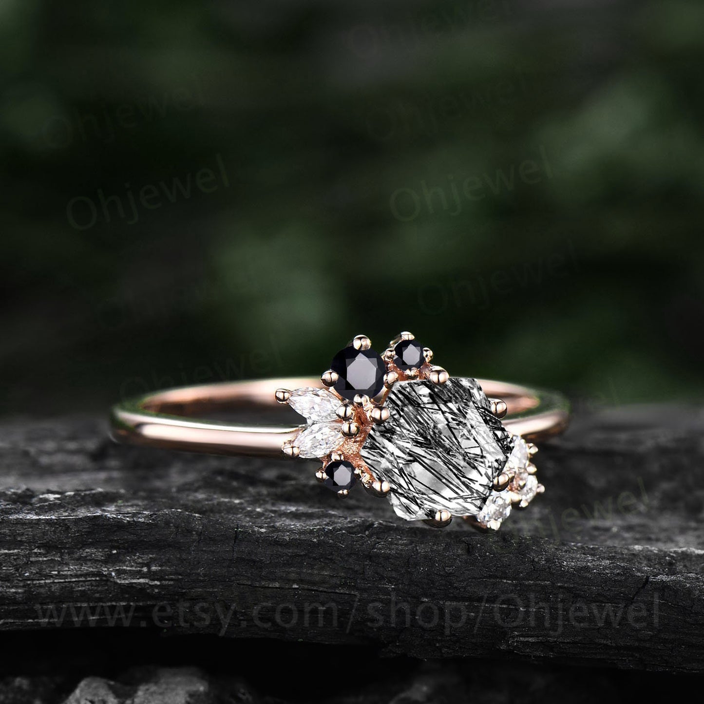 Hexagon cut black rutilated quartz ring vintage unique engagement ring rose gold marquise cluster black diamond dainty wedding ring women