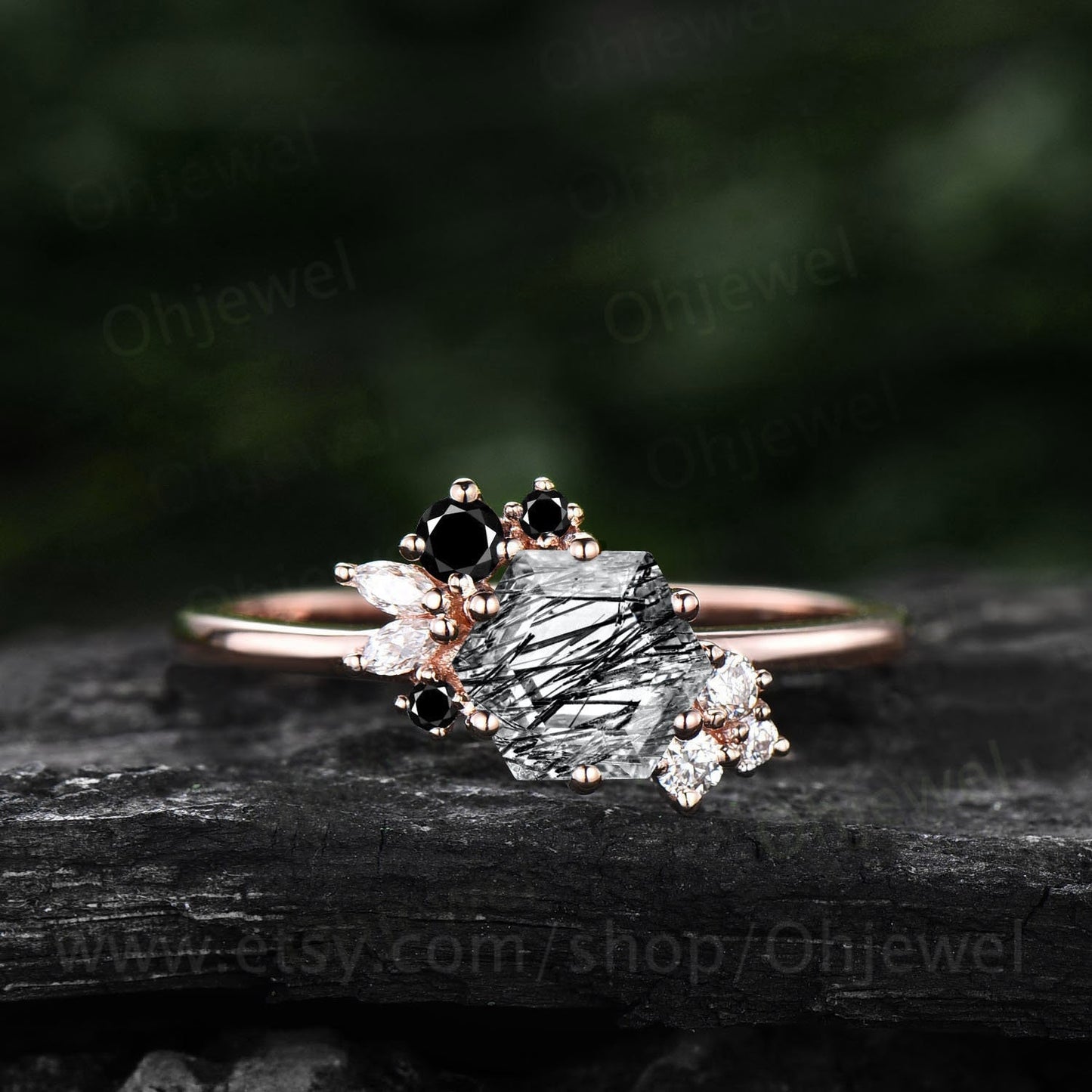 Hexagon cut black rutilated quartz ring vintage unique engagement ring rose gold marquise cluster black diamond dainty wedding ring women