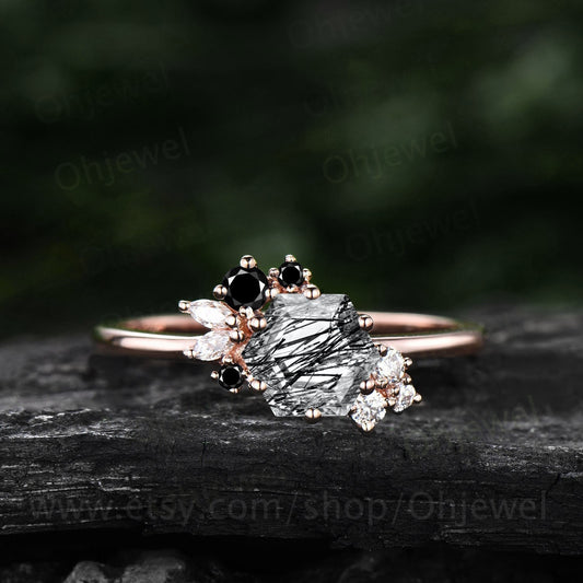Hexagon cut black rutilated quartz ring vintage unique engagement ring rose gold marquise cluster black diamond dainty wedding ring women
