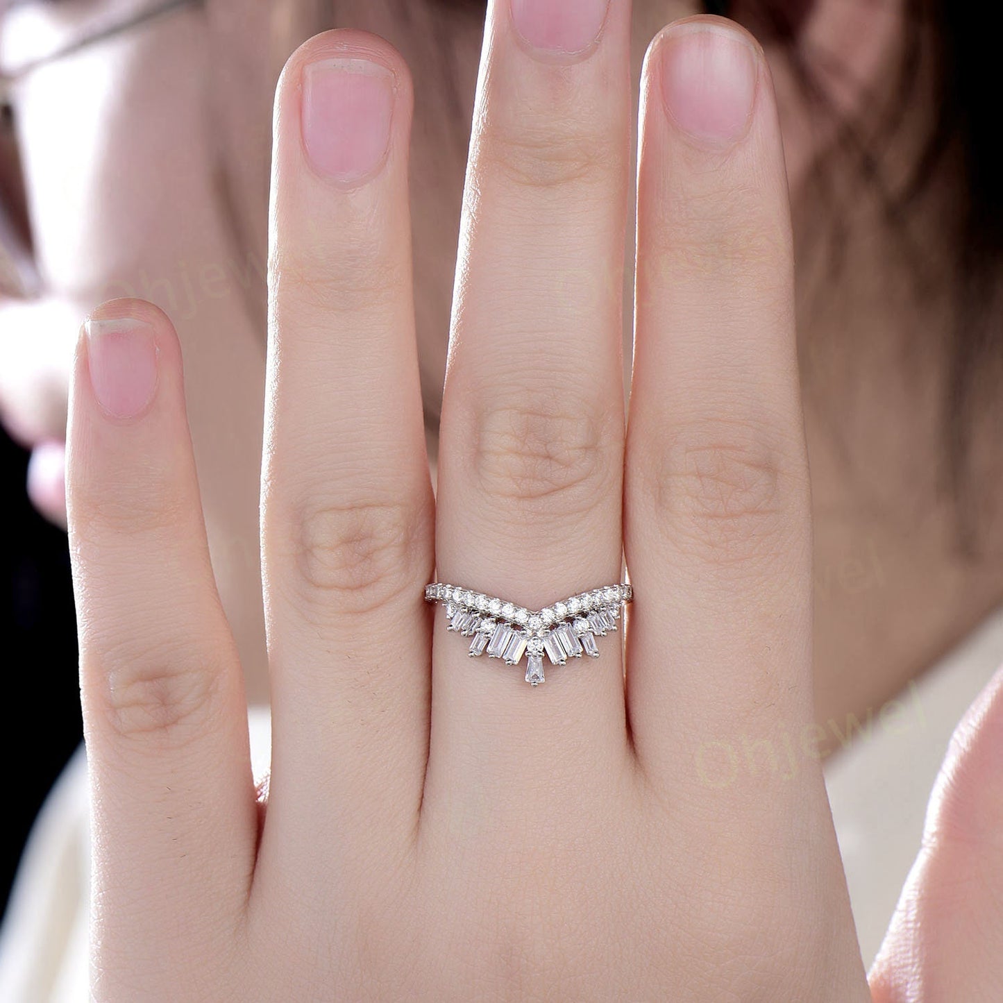 Vintage baguette cut moissanite wedding band 14k white gold half eternity crown curved V shaped wedding ring band women anniversary ring