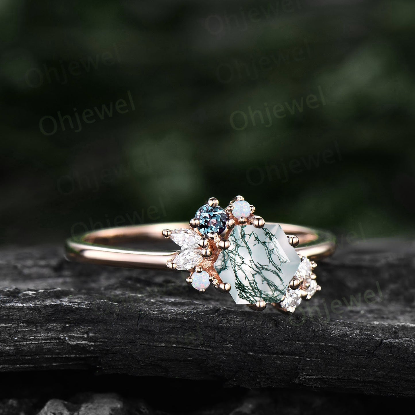 1ct Hexagon cut green moss agate ring gold silver cluster unique engagement ring for women opal alexandrite marquise diamond wedding ring