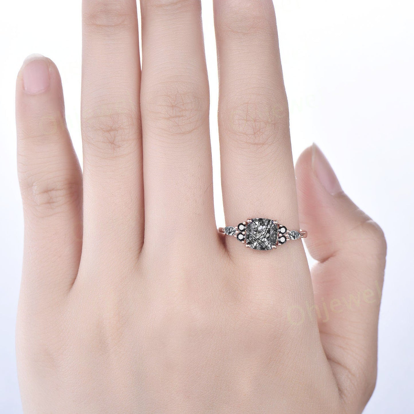 Vintage cushion cut black rutilated quartz ring rose gold unique engagement ring women marquise cut ring black diamond promise ring her gift