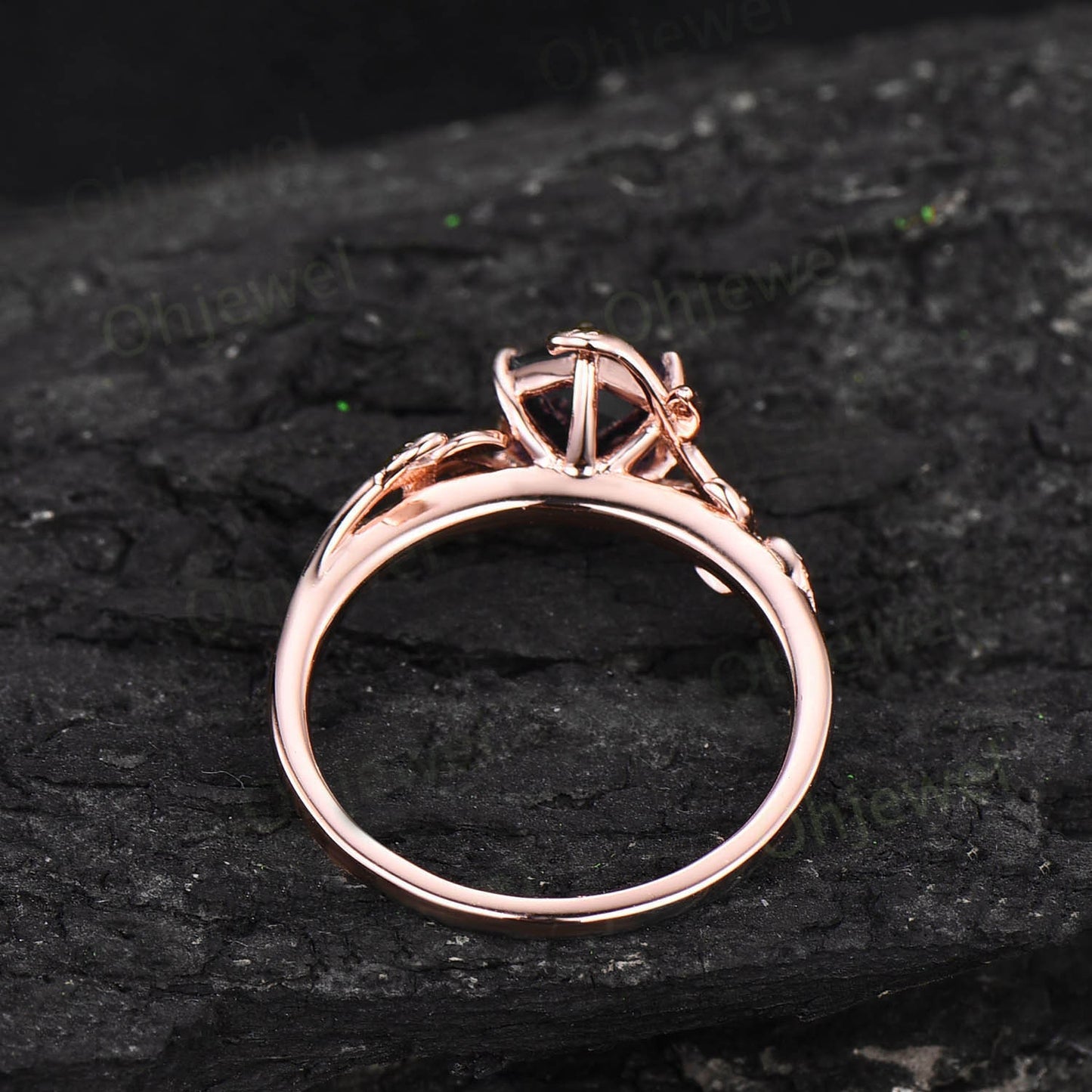 Vintage Hexagon cut black rutilated quartz ring rose gold leaf nature inspired solitaire engagement ring women unique promise wedding ring