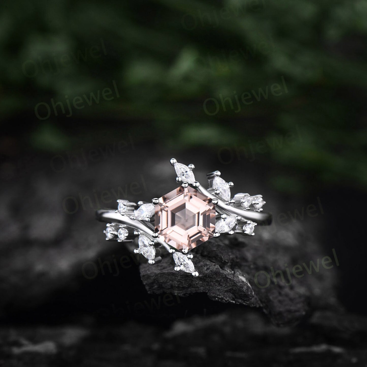 1ct Hexagon cut morganite ring rose gold vintage unique morganite engagement ring women leaf nature inspired marquise diamond promise ring