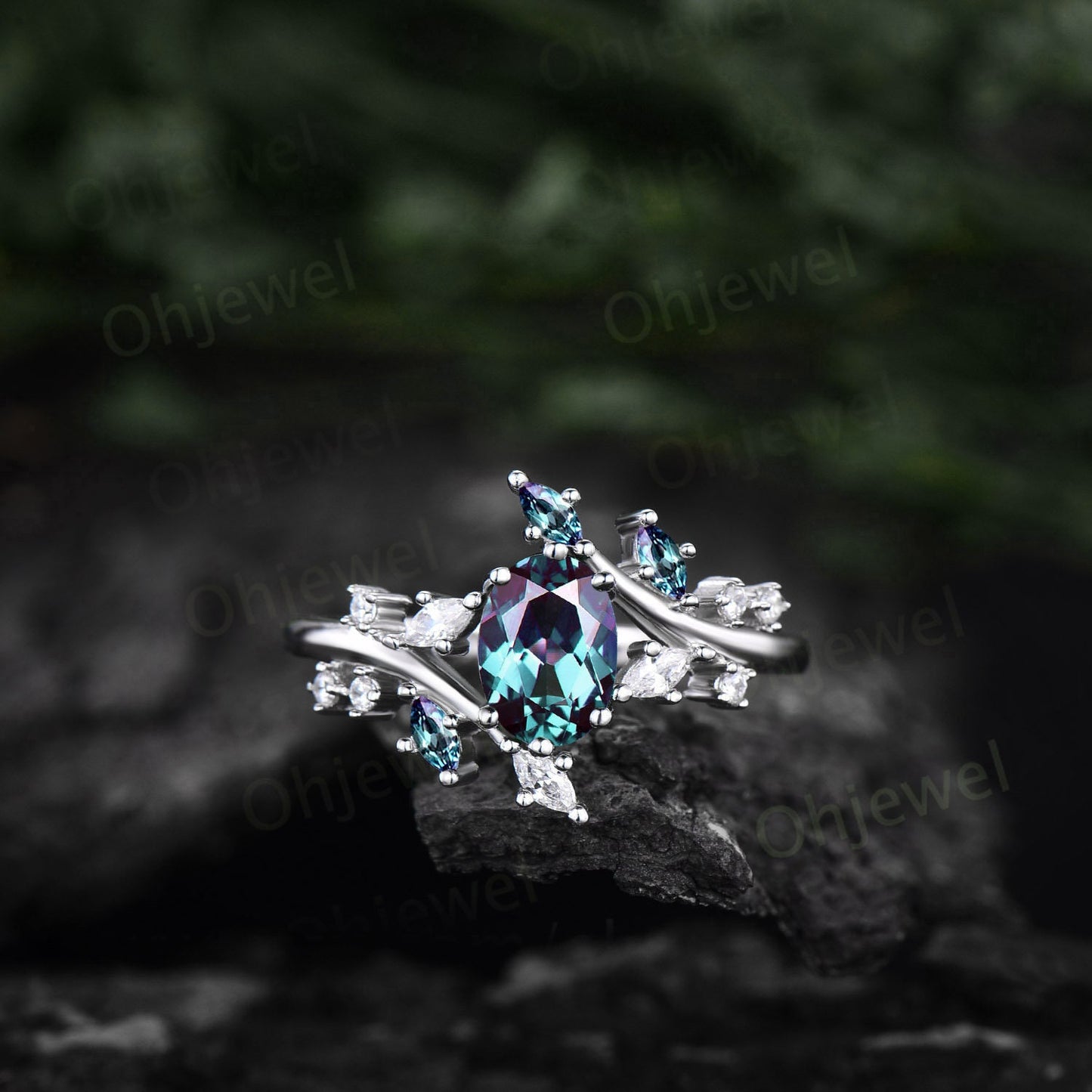 1ct oval cut Alexandrite ring gold silver for women vintage unique Alexandrite engagement ring cluster marquise cut diamond promise ring