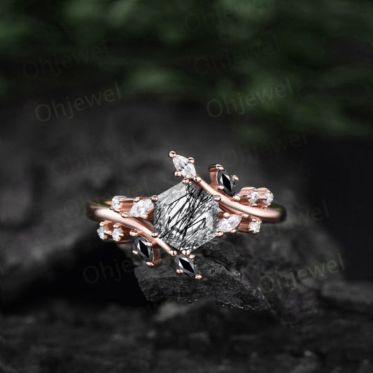1ct Hexagon cut black rutilated quartz engagement ring solid 14k rose gold dainty maquise cut diamond moissanite anniversary ring women gift