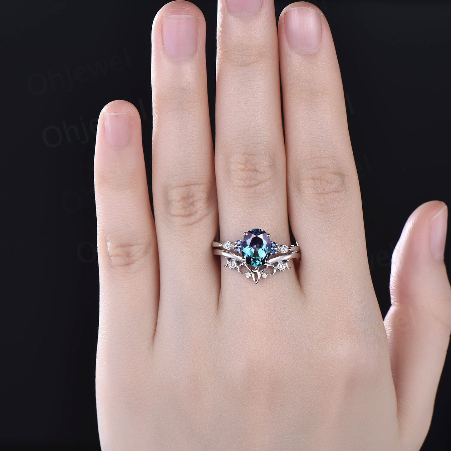 2ct oval cut Alexandrite engagement ring set 14k white gold silver natural sappire ring marquise cut moissanite ring women bridal sets gifts