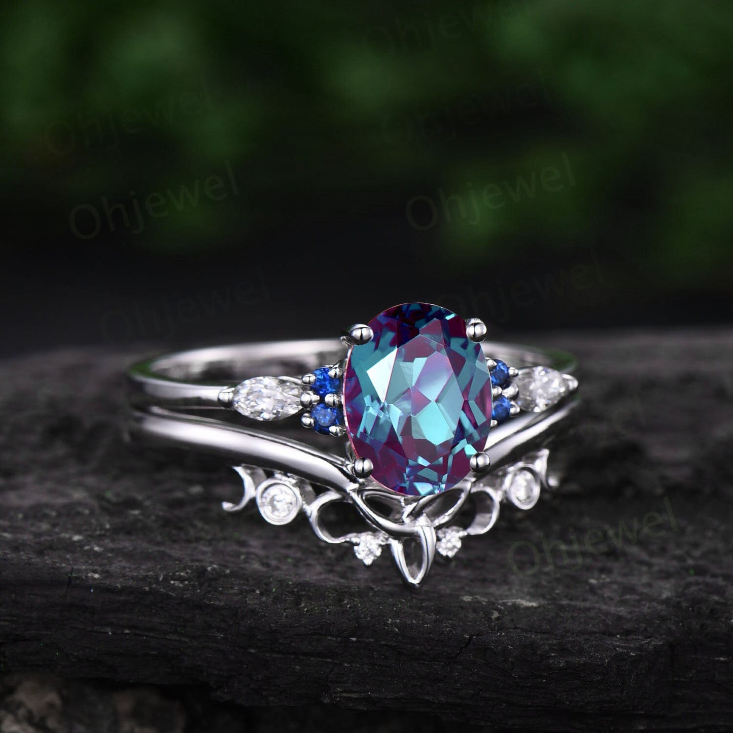 2ct oval cut Alexandrite engagement ring set 14k white gold silver natural sappire ring marquise cut moissanite ring women bridal sets gifts