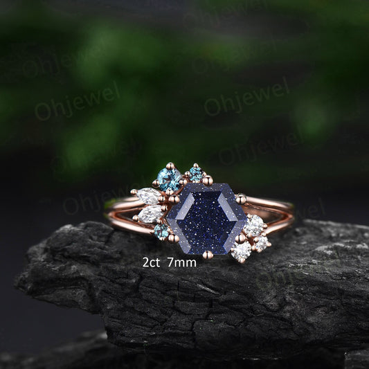 7mm Hexagon cut blue sandstone goldstone engagement ring rose gold silver cluster alexandrite ring split shank diamond wedding ring women