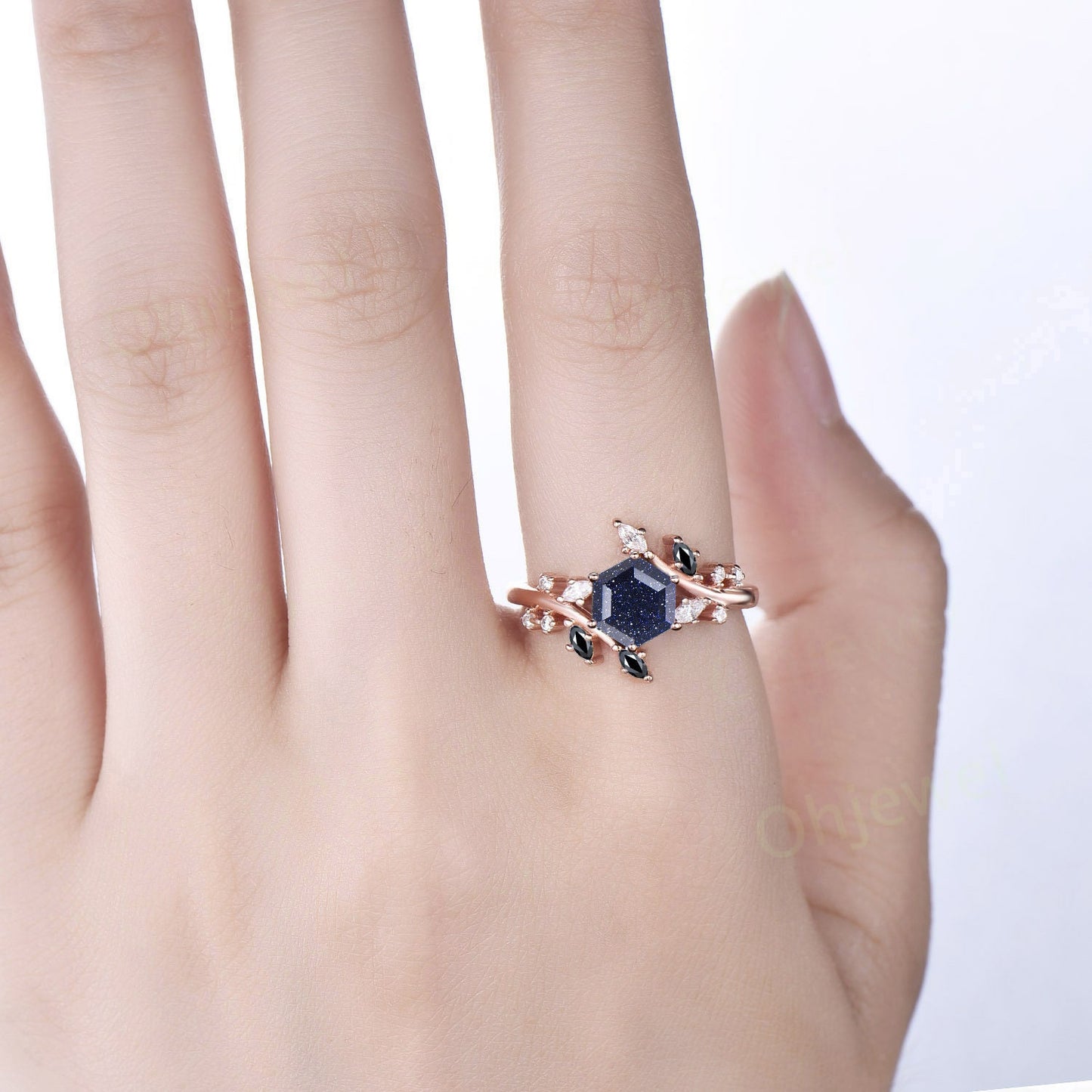 1ct hexagon cut blue sandstone engagement ring 14k rose gold sterling silver marquise cut diamond black spinel anniversary ring for women