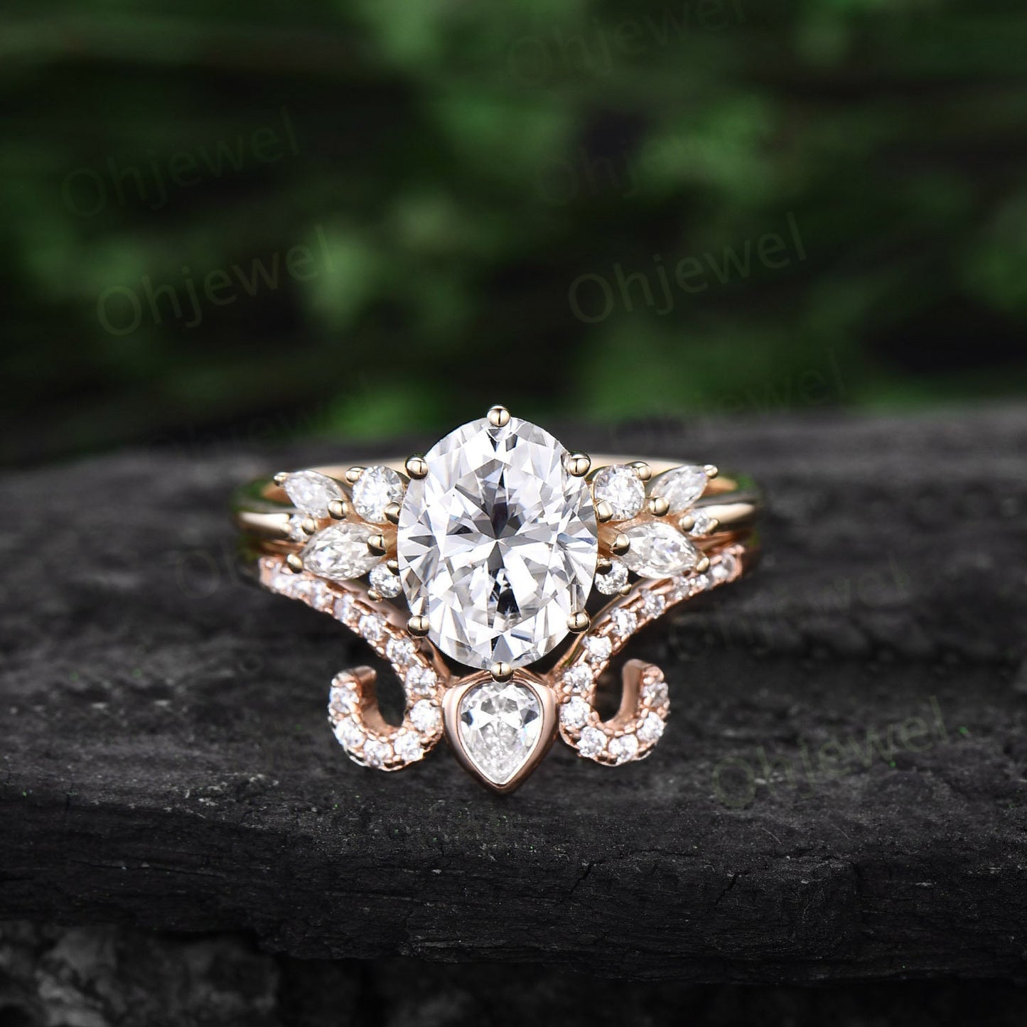 Vintage 2ct oval moissanite engagement ring yellow gold unique marquise cluster engagement ring women diamond ring set promise ring set her