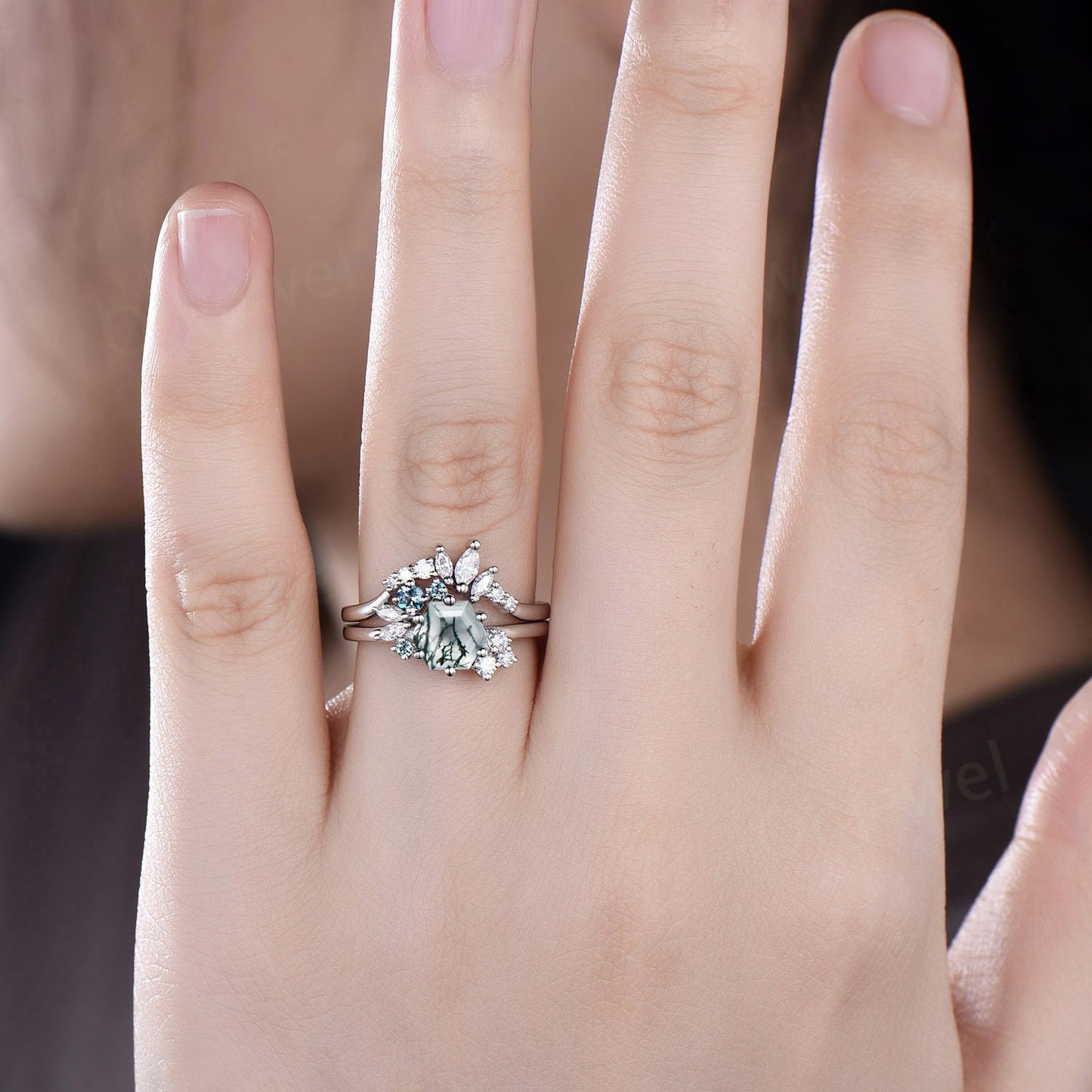 Hexagon cut moss agate ring white gold vintage unique engagement ring set cluster Alexandrite ring art deco diamond wedding ring for women
