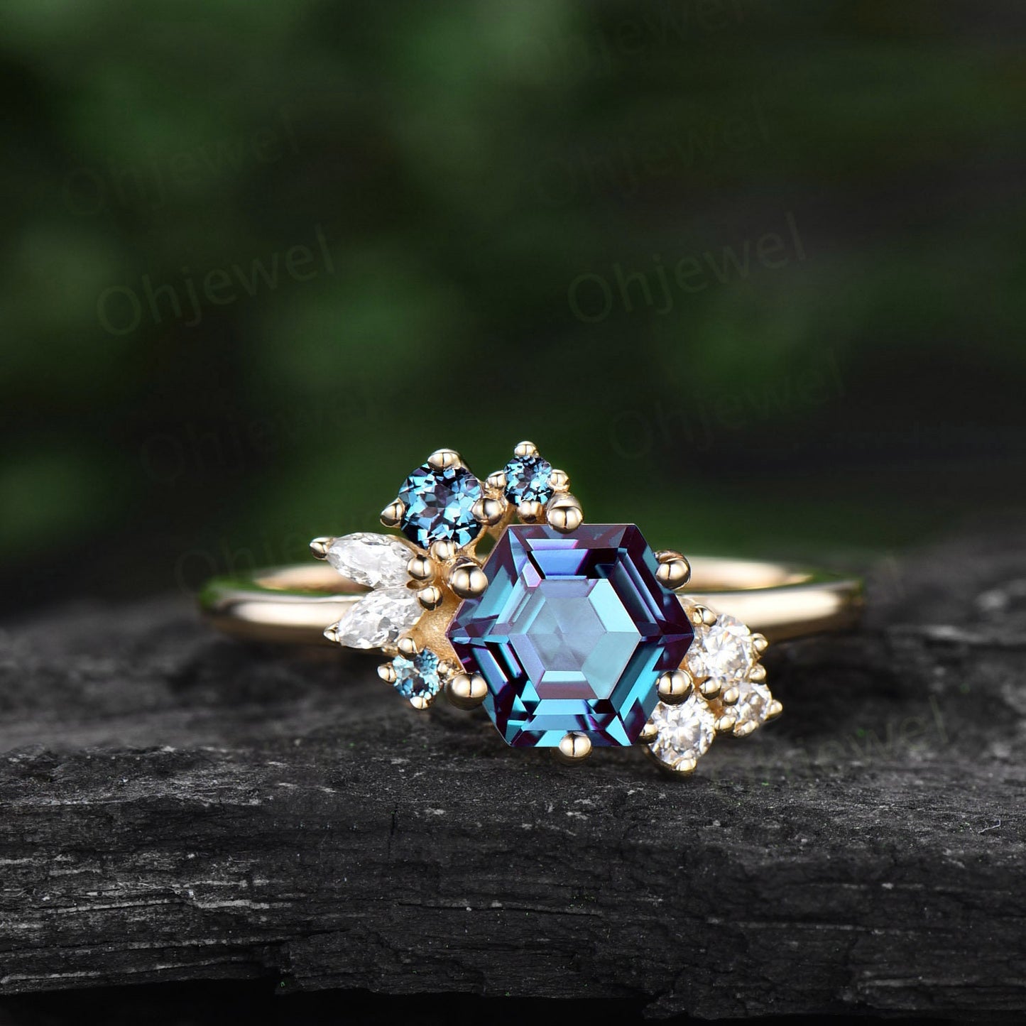 Hexagon cut Alexandrite ring for women vintage unique Alexandrite engagement ring 14k white gold cluster art deco moissanite wedding ring