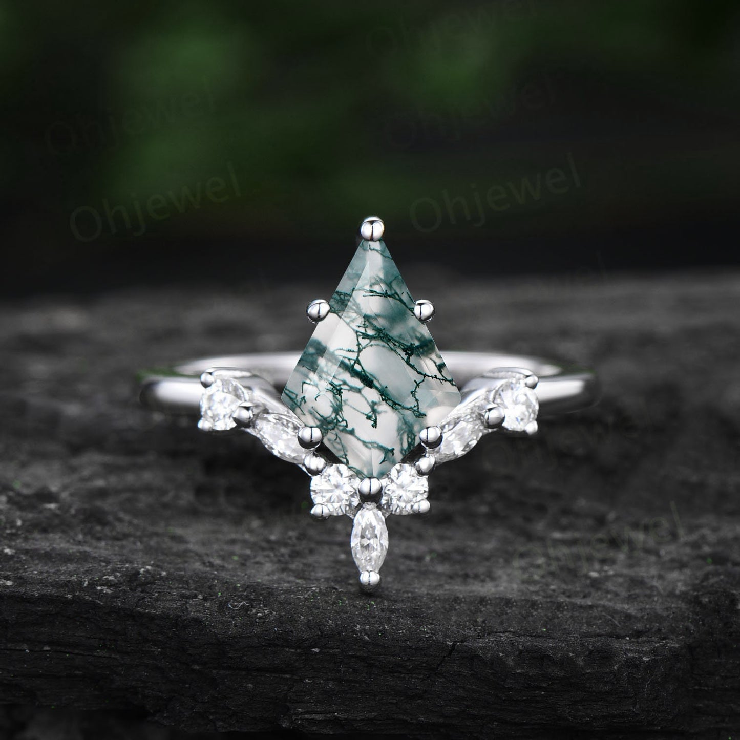 6 prong kite cut green moss agate engagement ring 14k rose gold marquise diamond ring vintage unique wedding promise anniversary ring women