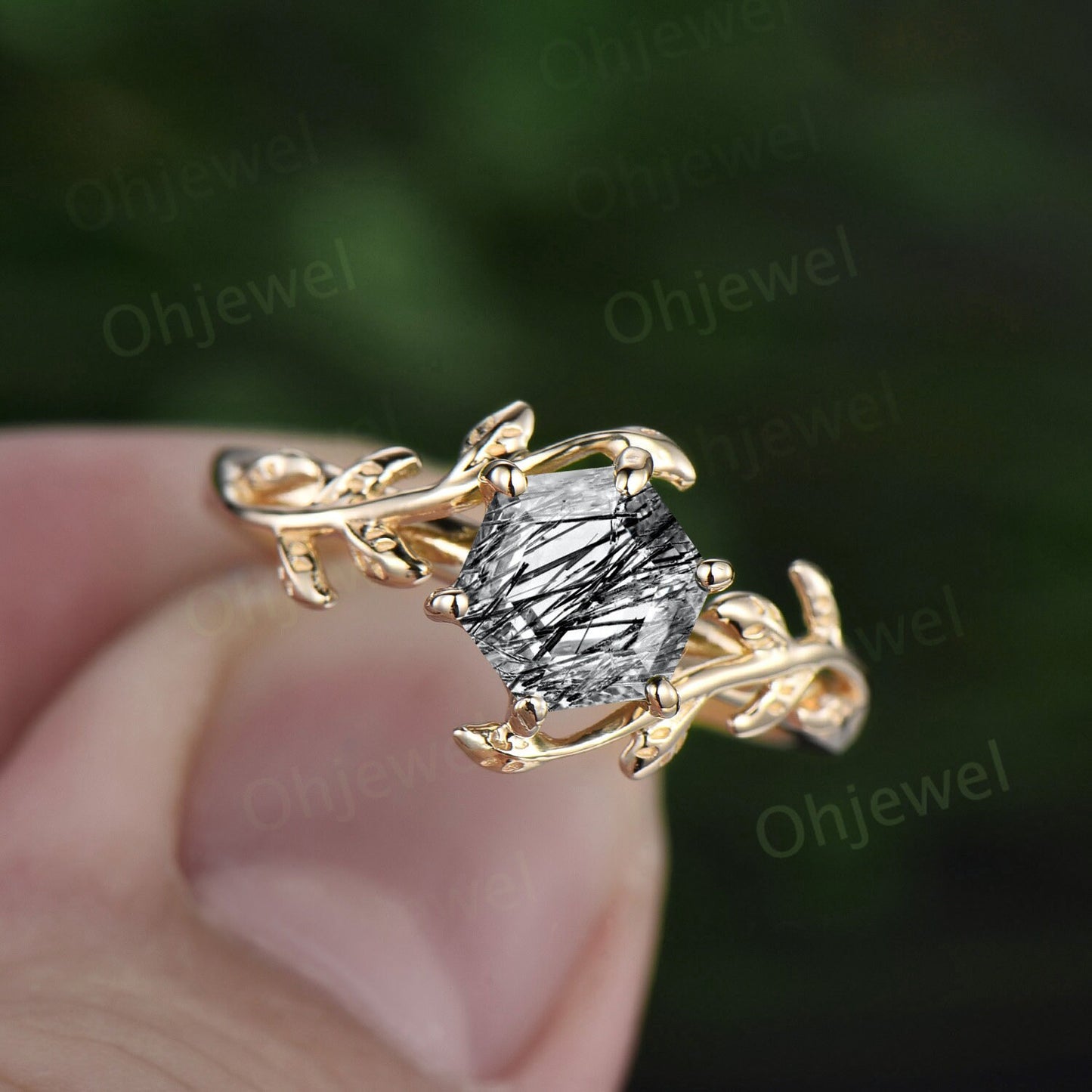 Vintage Hexagon cut black rutilated quartz ring rose gold leaf nature inspired solitaire engagement ring women unique promise wedding ring
