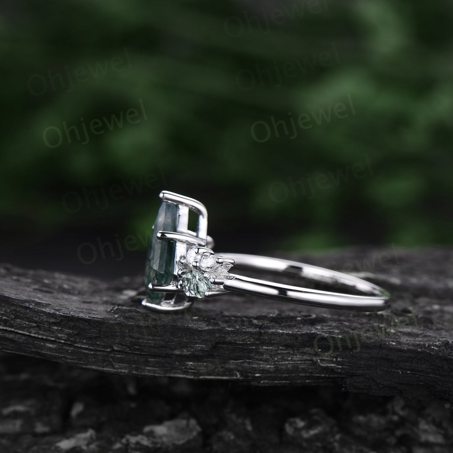 Kite cut moss agate ring gold silver vintage unique engagement ring cluster diamond ring marquise cut moss agate ring wedding ring for women