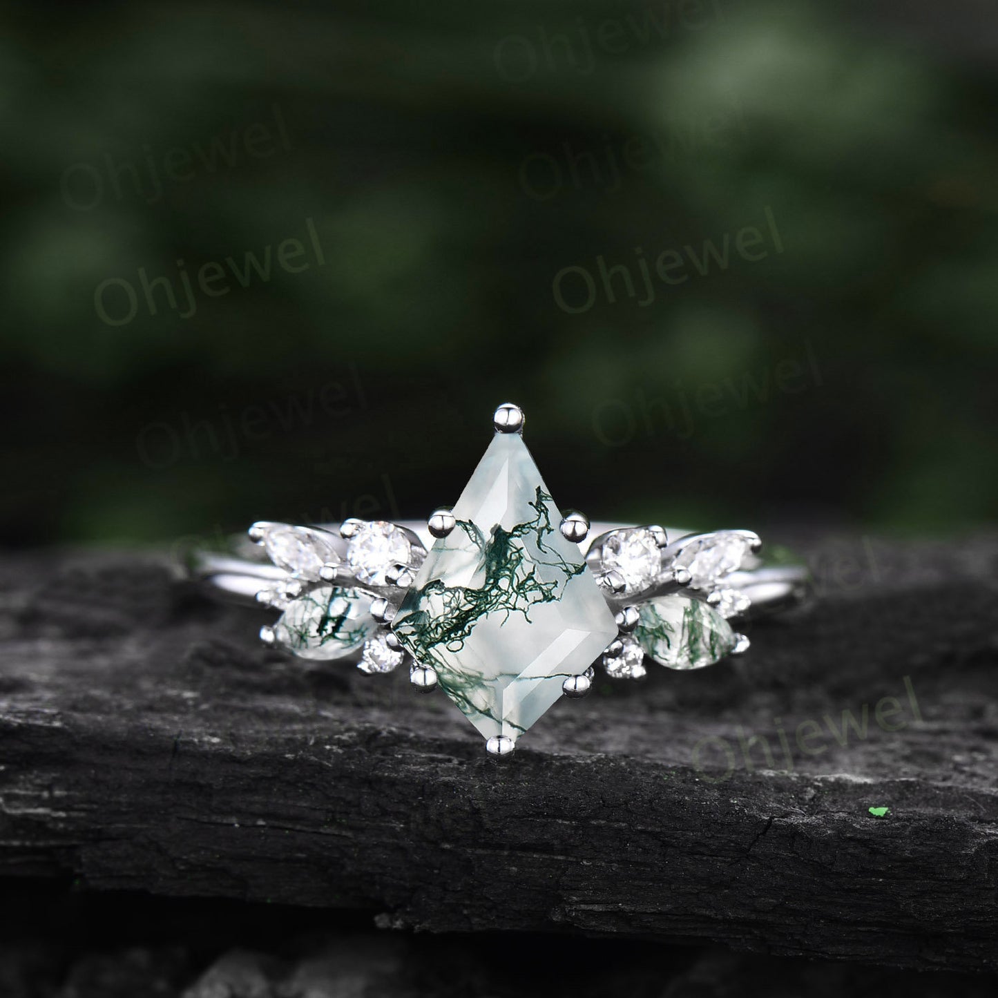 Kite cut moss agate ring gold silver vintage unique engagement ring cluster diamond ring marquise cut moss agate ring wedding ring for women