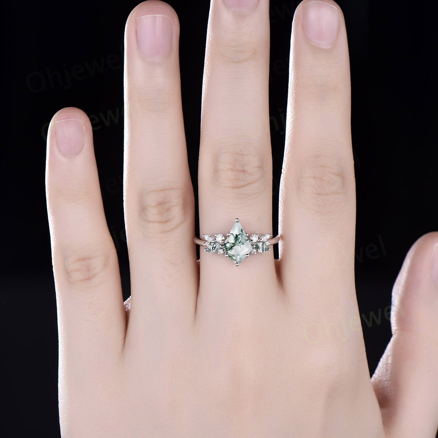 Kite cut moss agate ring gold silver vintage unique engagement ring cluster diamond ring marquise cut moss agate ring wedding ring for women