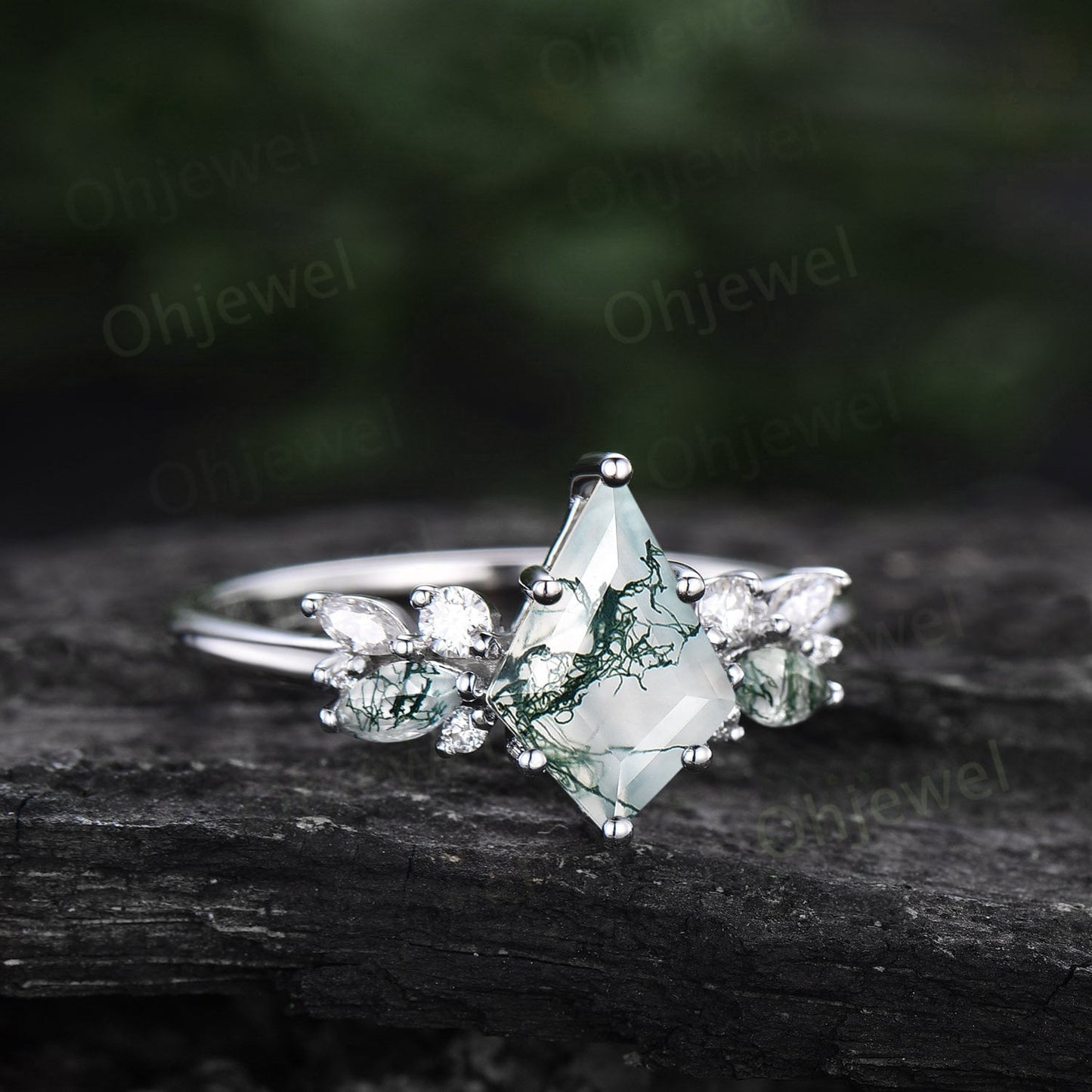 Kite cut moss agate ring gold silver vintage unique engagement ring cluster diamond ring marquise cut moss agate ring wedding ring for women
