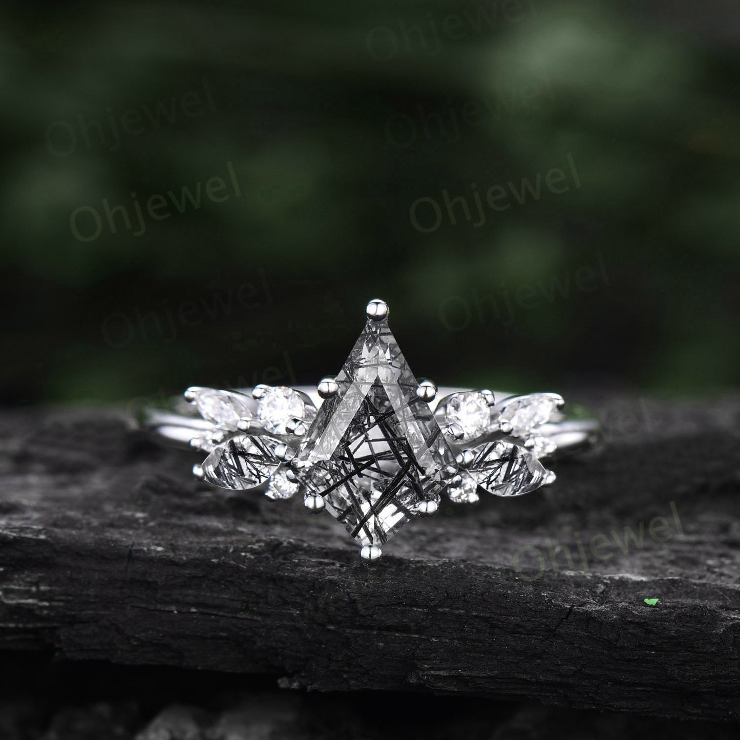 Marquise Kite cut black rutilated quartz ring vintage unique engagement ring for women solid 14k rose gold diamond promise anniversary ring