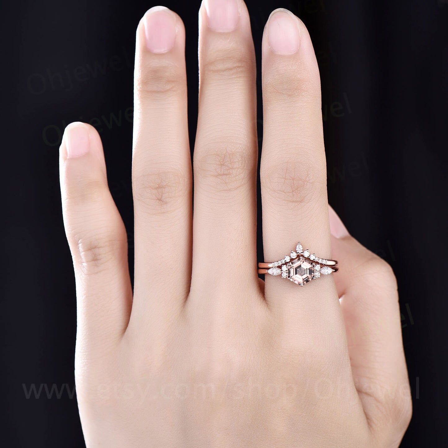 Unique hexagon cut morganite engagement ring set vintage marquise diamond ring set 14k rose gold dainty wedding ring bridal set for women