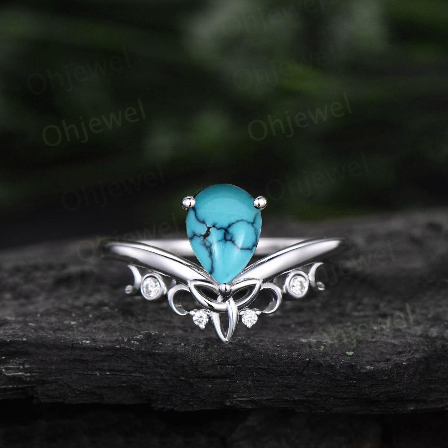Unique bridal ring set pear turquoise engagement ring set vintage diamond ring set rose gold silver women cluster marquise ring fine jewelry
