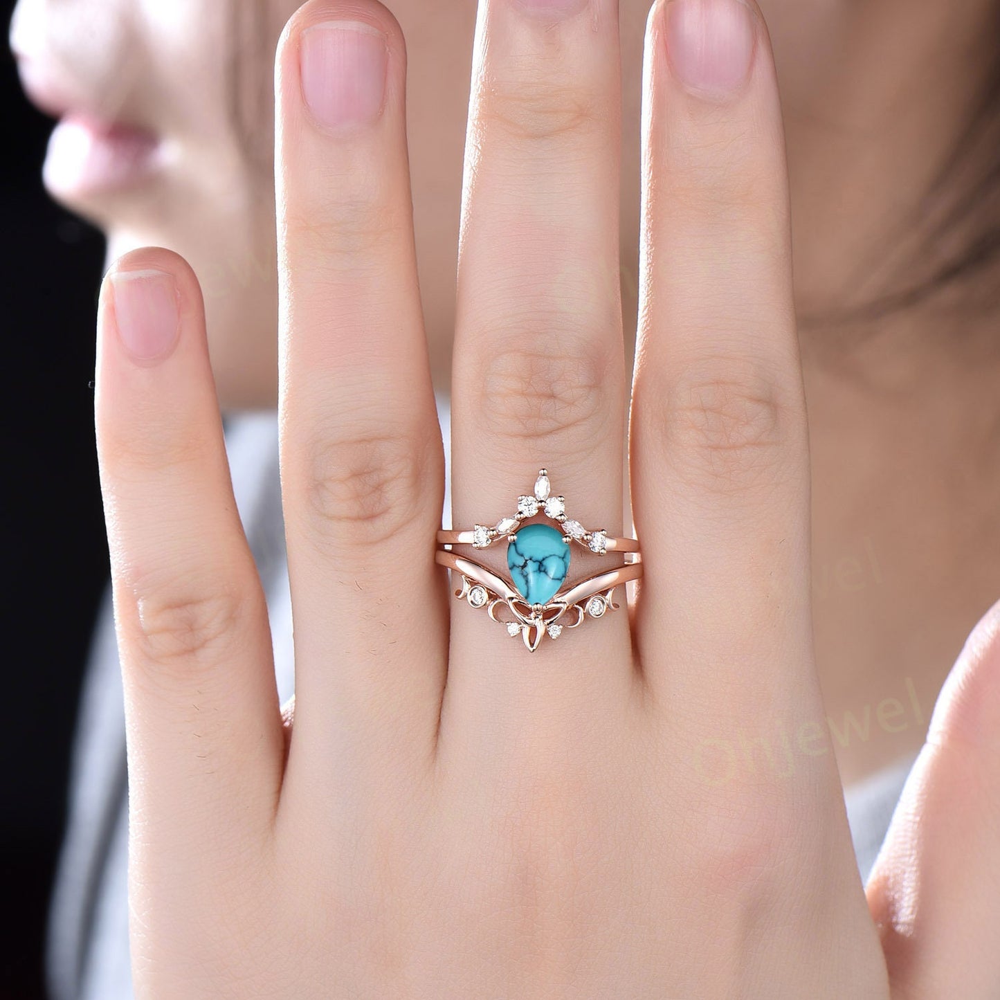 Unique bridal ring set pear turquoise engagement ring set vintage diamond ring set rose gold silver women cluster marquise ring fine jewelry
