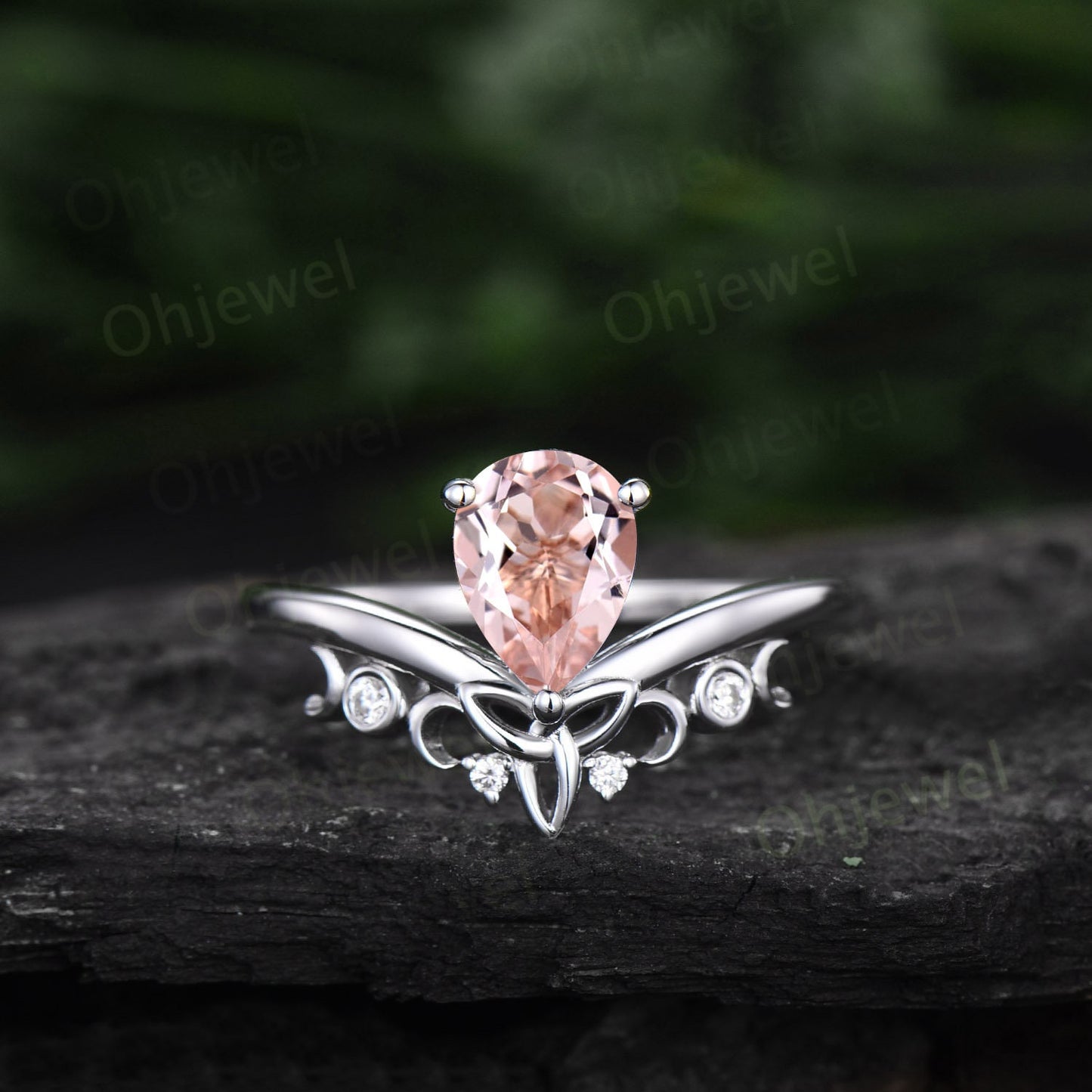Pear shaped morganite ring rose gold vintage cluster unique engagement ring art deco diamond anniversary promise wedding ring set for women