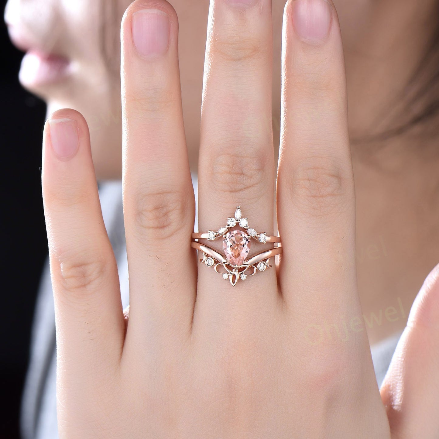 Pear shaped morganite ring rose gold vintage cluster unique engagement ring art deco diamond anniversary promise wedding ring set for women
