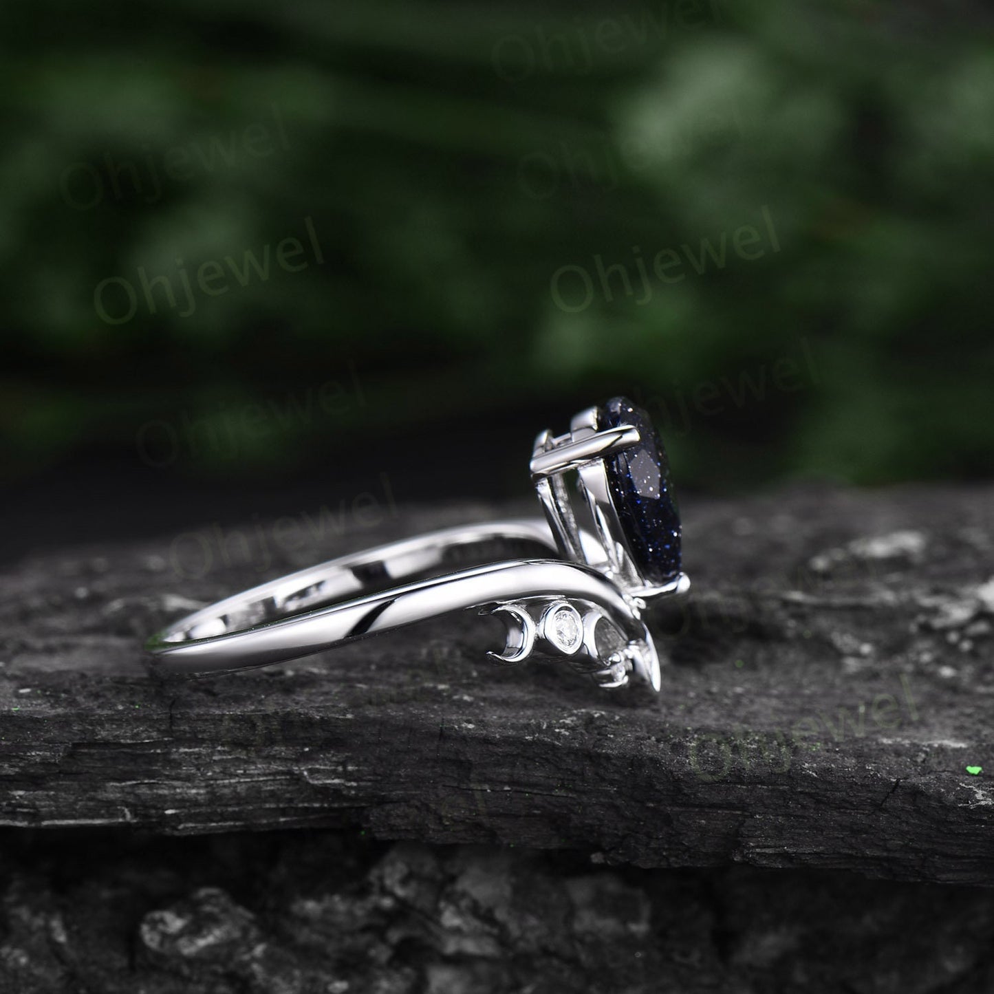 Pear shaped blue sandstone ring blue goldstone ring unique engagement ring 14k rose gold sterling silver anniversary ring women gifts